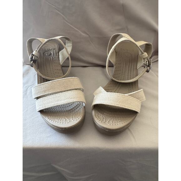 Crocs Women’s Beige Canvas Strap Wedge Sandals Size 7 – Excellent Condition - Picture 1 of 6